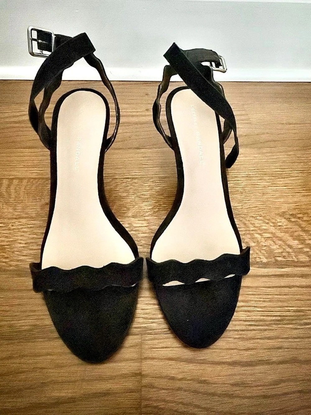 Loeffler Randall Reina Black Suede Scalloped Ankle-Strap Sandals Size US 9.5